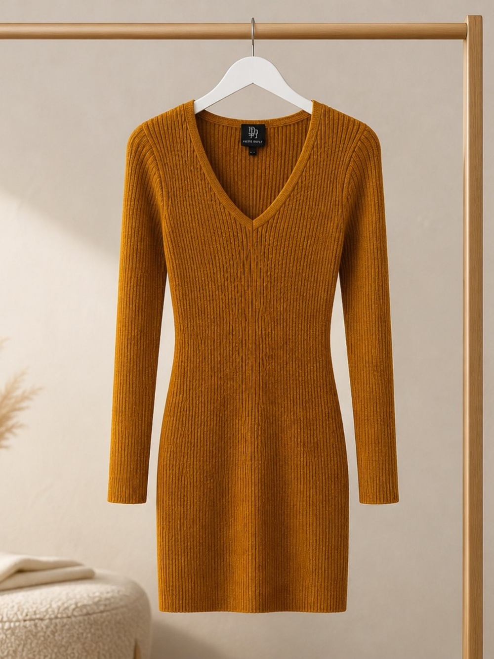 Derek Heart Ribbed V-Neck Dress in Mustard Yellow